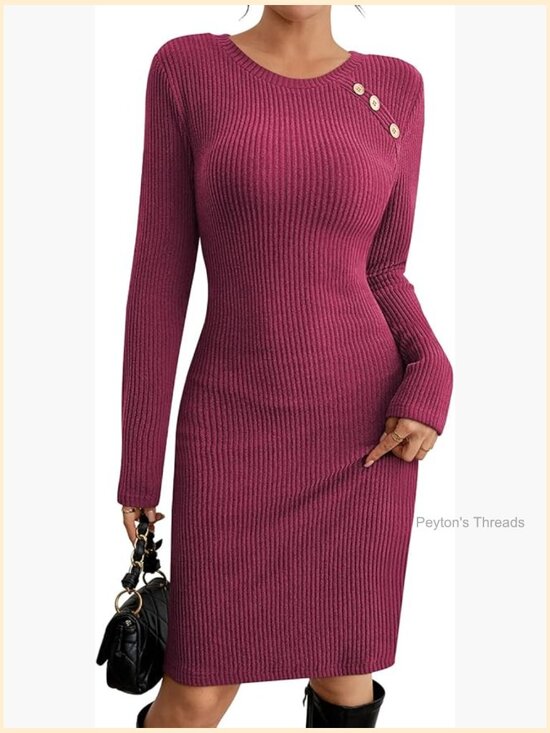 Dresses & Skirts - Long Sleeve Crew Neck Ribbed Knit Bodycon Mini Dress